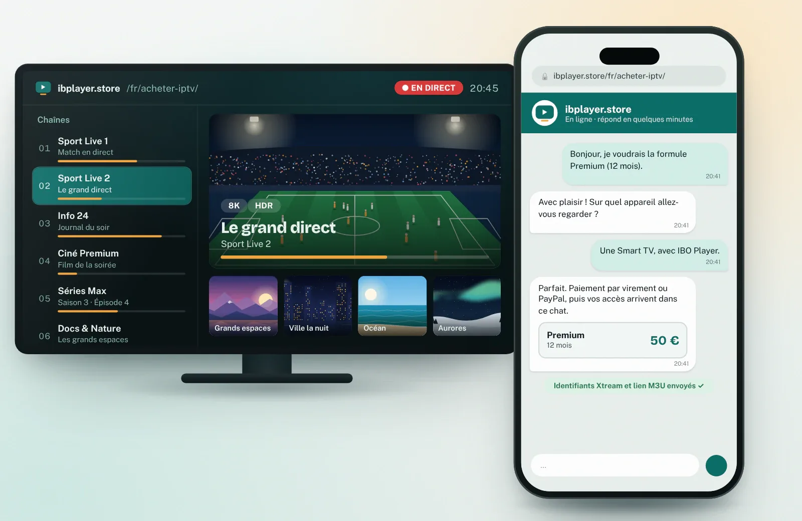 Acheter IPTV France : commande dans le chat sur mobile, paiement puis identifiants Xtream et lien M3U envoyés