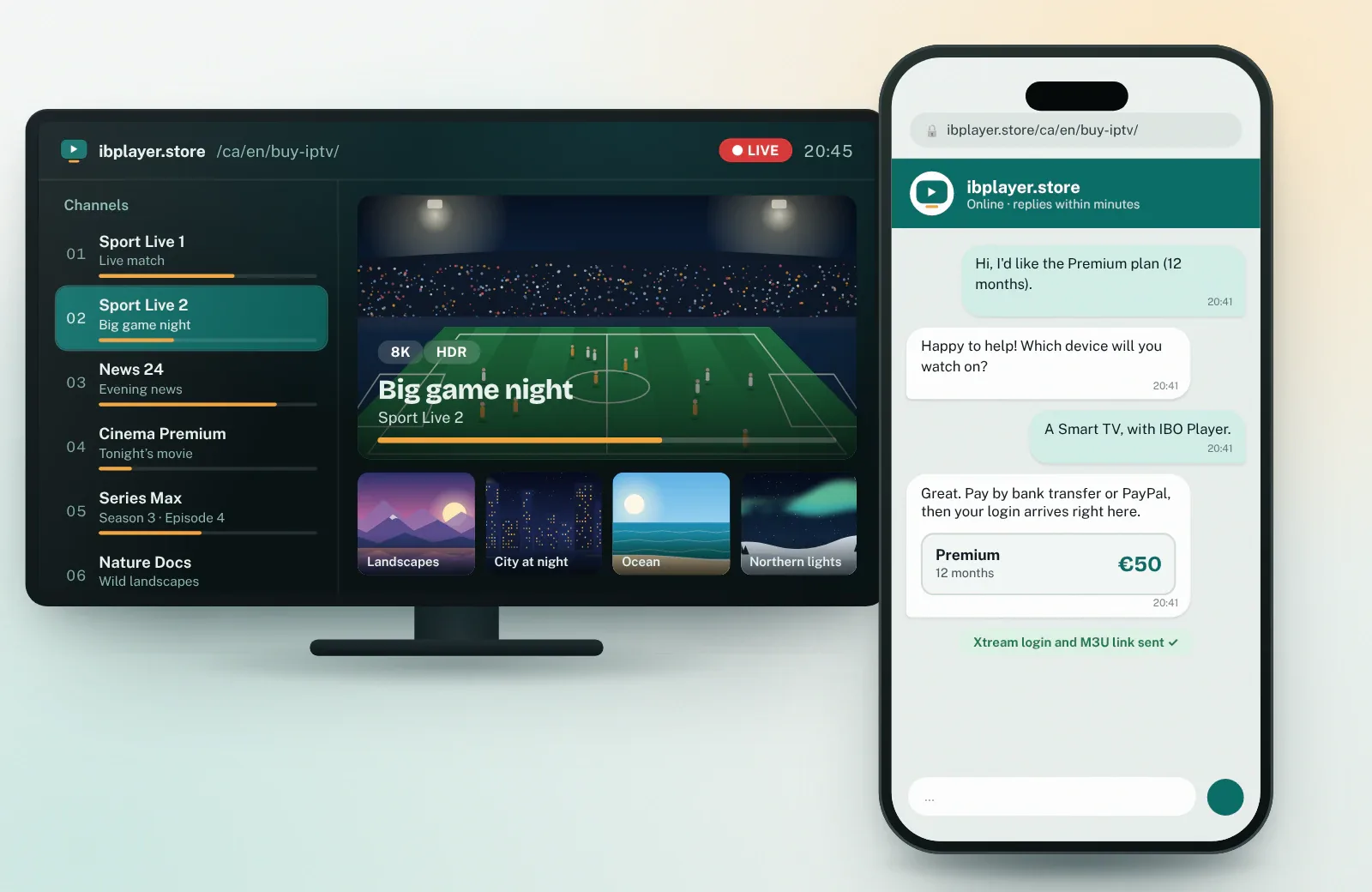 Buy IPTV Canada: ordering in the chat on a phone, payment, then Xtream login and M3U link sent