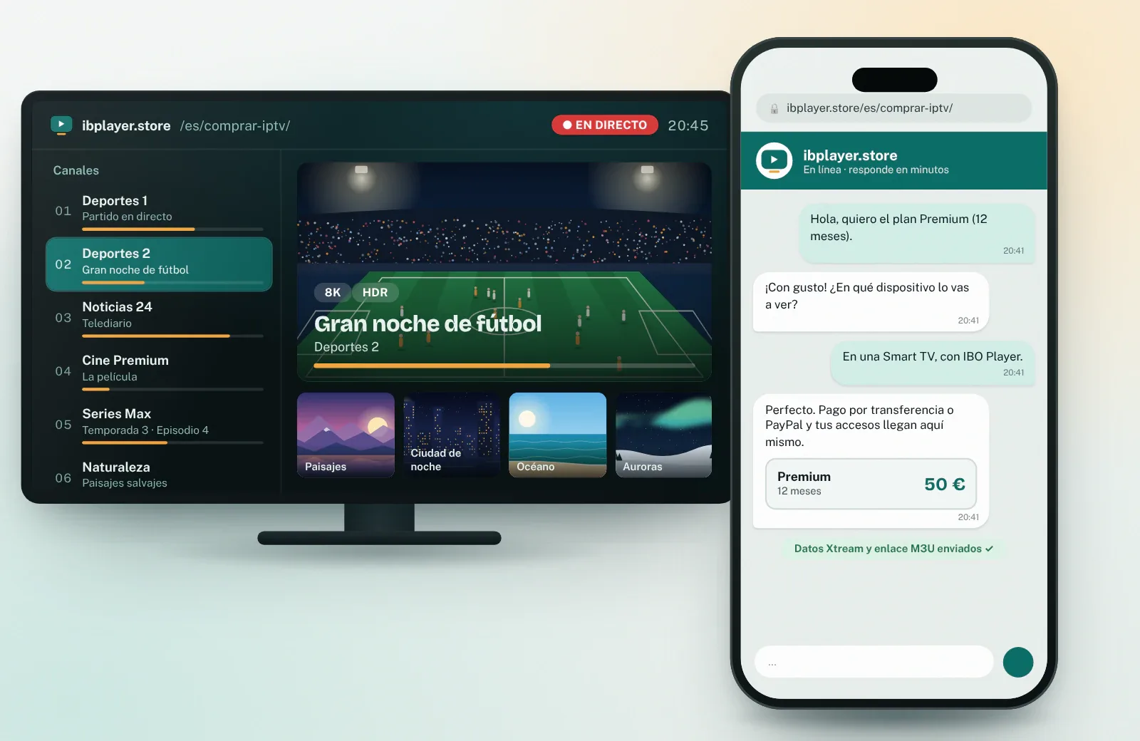 Comprar IPTV España: pedido por chat en el móvil, pago y después acceso Xtream y enlace M3U enviados