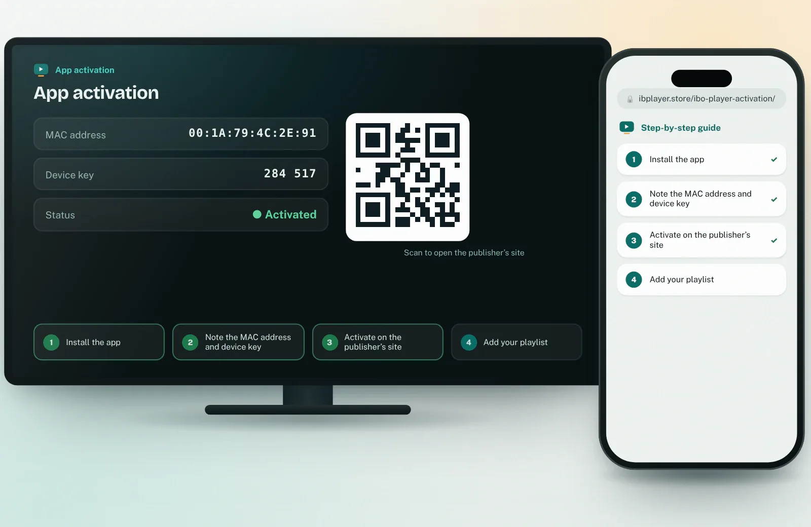 IBO Player activation: MAC address, device key, QR code and activation steps on a Smart TV and a phone