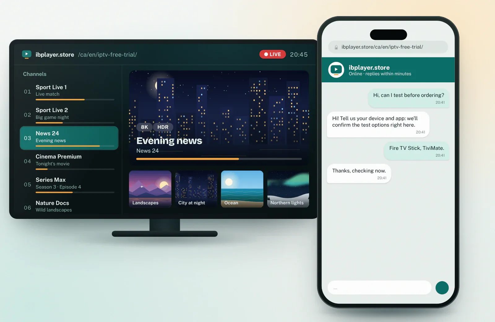 IPTV free trial Canada: asking for a test in the chat before ordering, live TV guide on screen