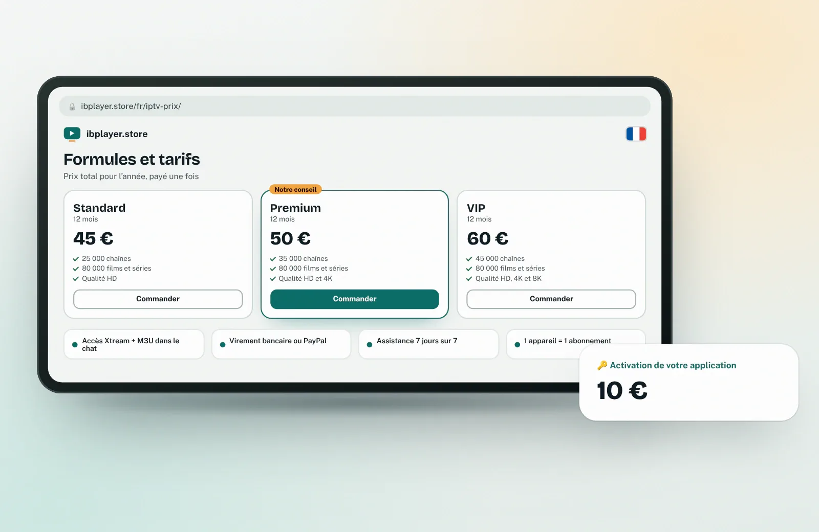 IPTV prix France : tableau des formules IPTV et de leurs prix sur 12 mois, activation d’application en option