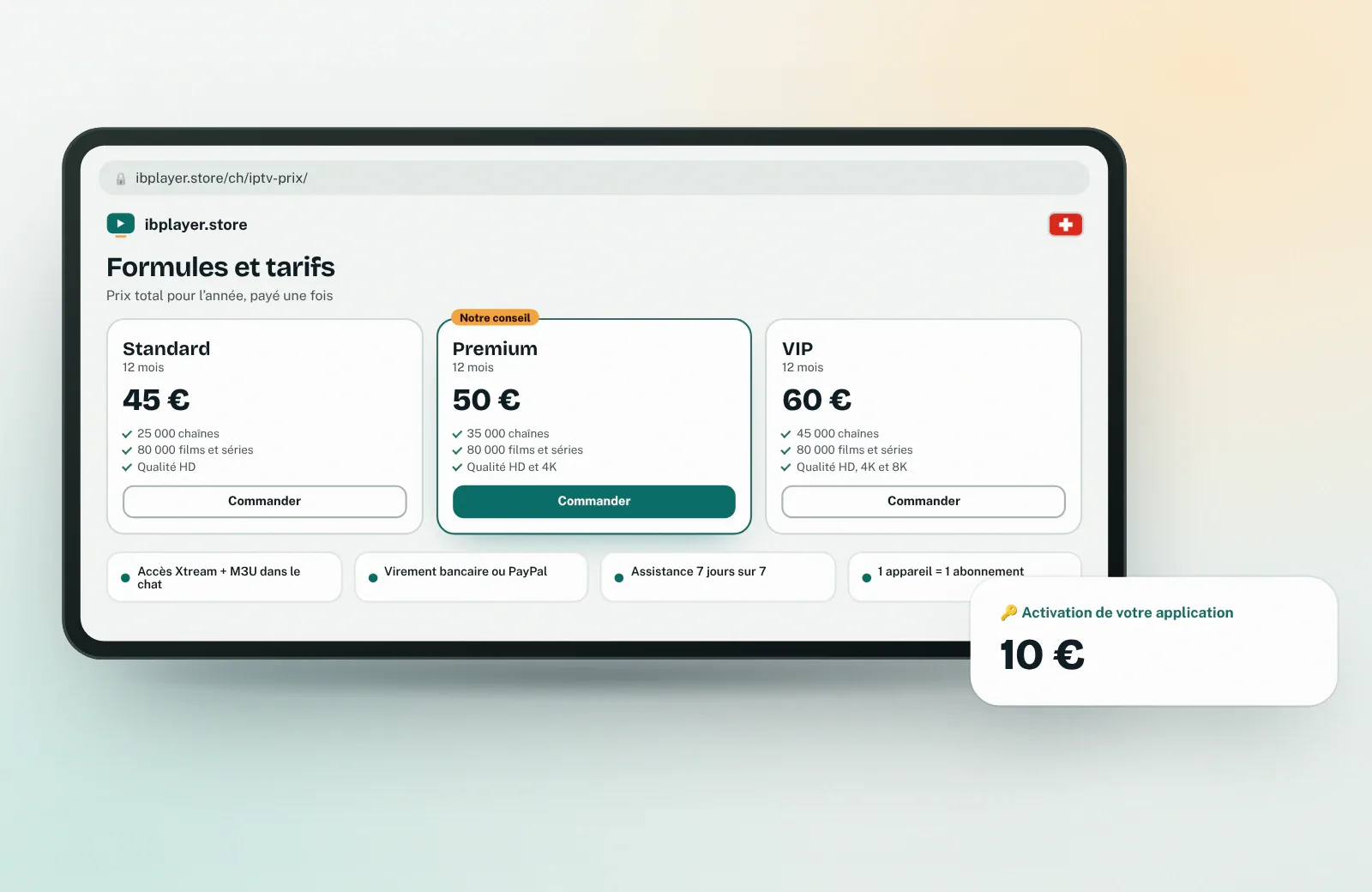 IPTV prix Suisse : tableau des formules IPTV et de leurs prix sur 12 mois, activation d’application en option