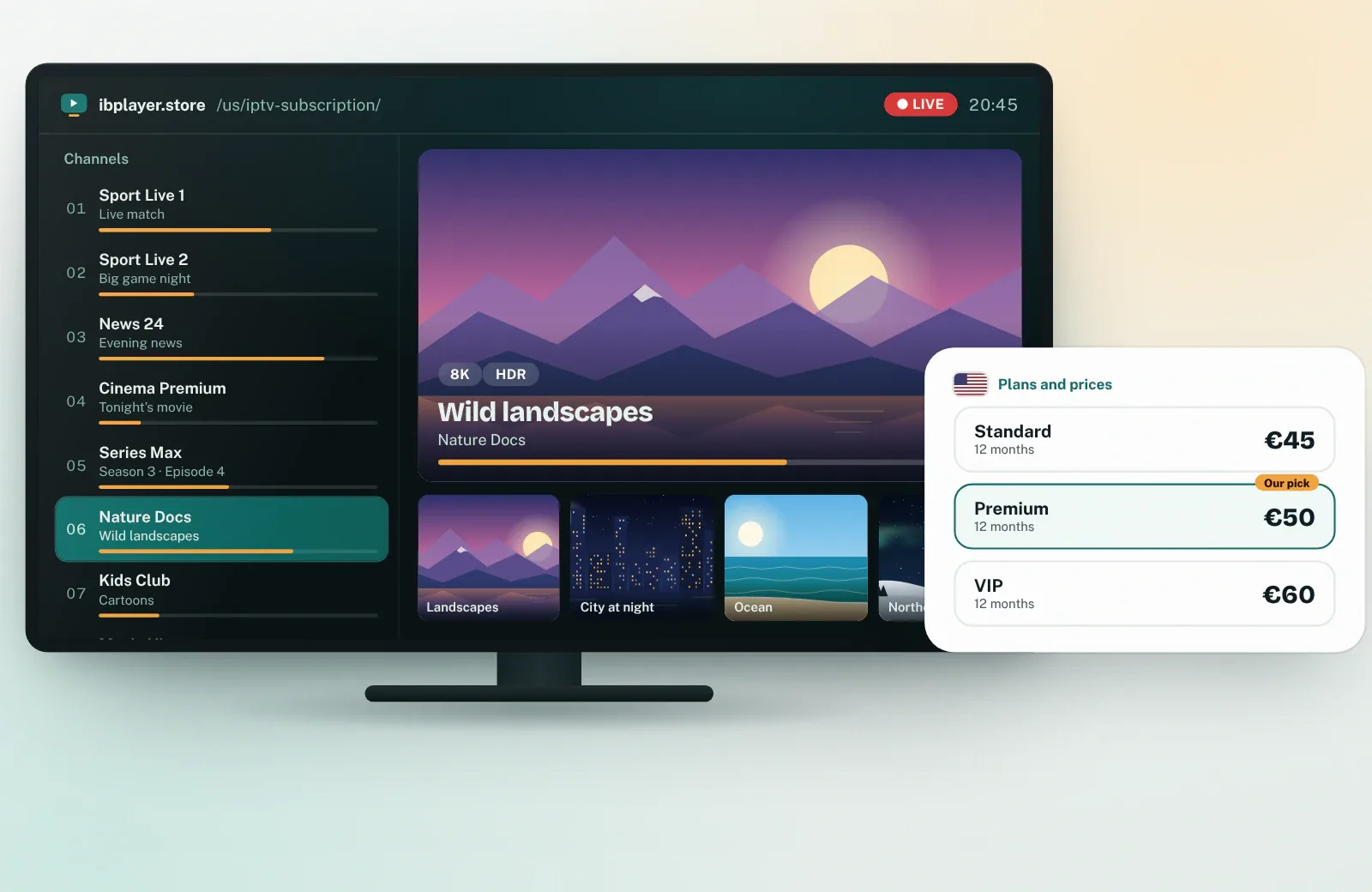 IPTV subscription USA: TV guide on a Smart TV and 12-month subscription plans with their prices