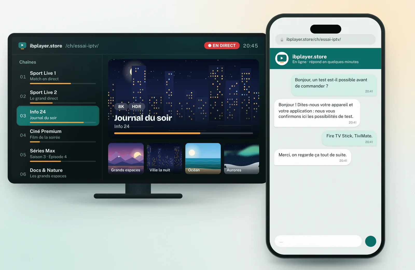 Test IPTV Suisse : demande de test dans le chat avant de commander, guide TV en direct à l’écran